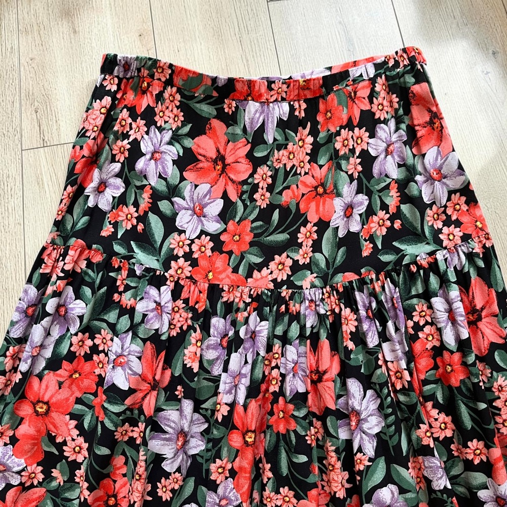 Abel the Label Womens Floral Tiered Maxi Skirt Black Red Purple Rayon Size S - Picture 7 of 8